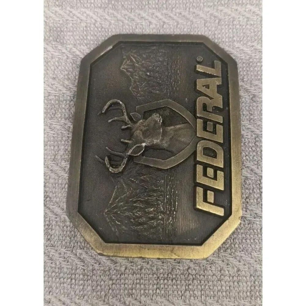 Vintage Indiana Metal Craft Federal Ammunition Brass Belt Buckle Deer Buck Hunt
